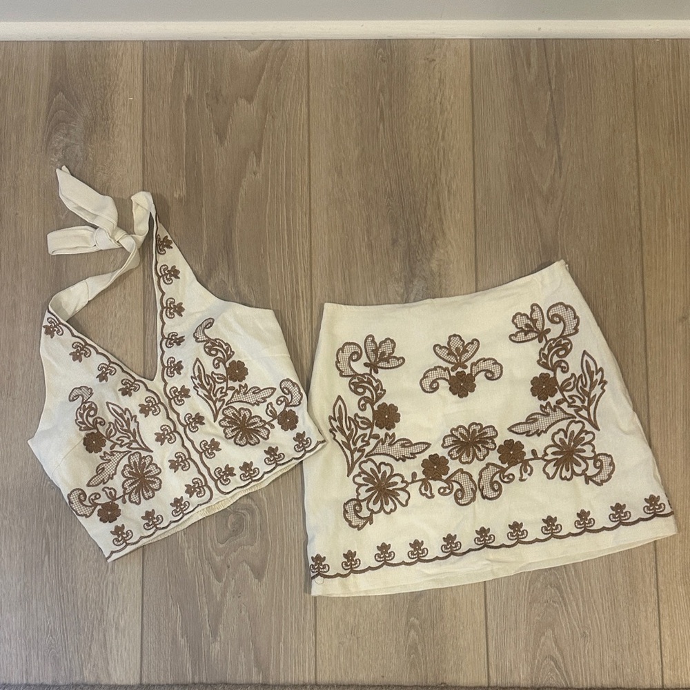 SHEIN Cream and Brown Embroidered Skirt Set